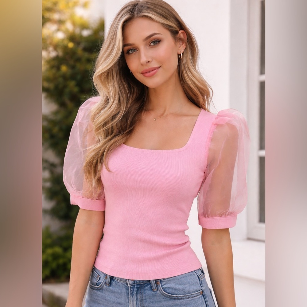 Joie Pink Square Neck Sheer Puff Sleeve Top Ribbed Body Short Sleeves M Medium